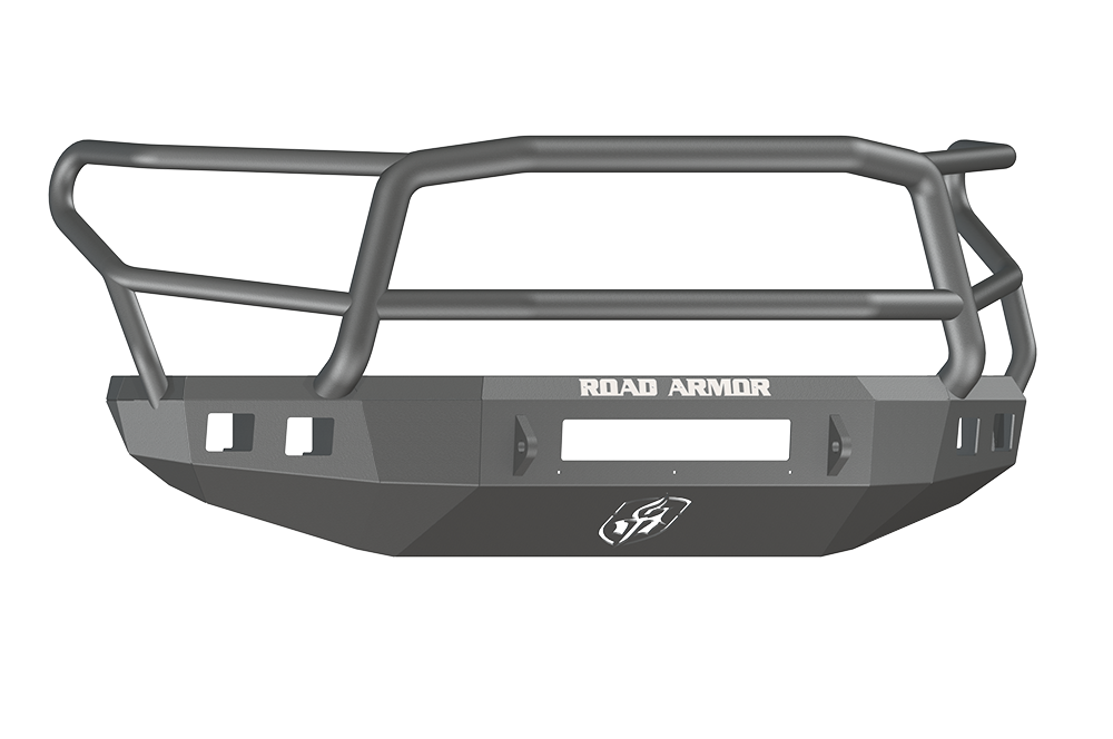 The 2014-2021 Toyota Tundra Stealth Front Non-Winch Bumper Lonestar Guard in textured black features a matte finish, angular lines, three horizontal bars, ROAD ARMOR branding at the center, an etched logo below, mounting slots, and a winch opening.