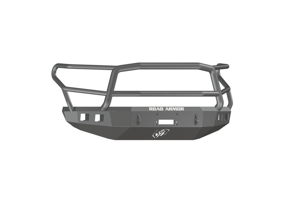 The 2014-2021 Toyota Tundra Stealth Front Winch Bumper Lonestar Guard in texture black is shown from the front, featuring angular contours, mounting points, a central ROAD ARMOR label, and a circular logo on the lower section.
