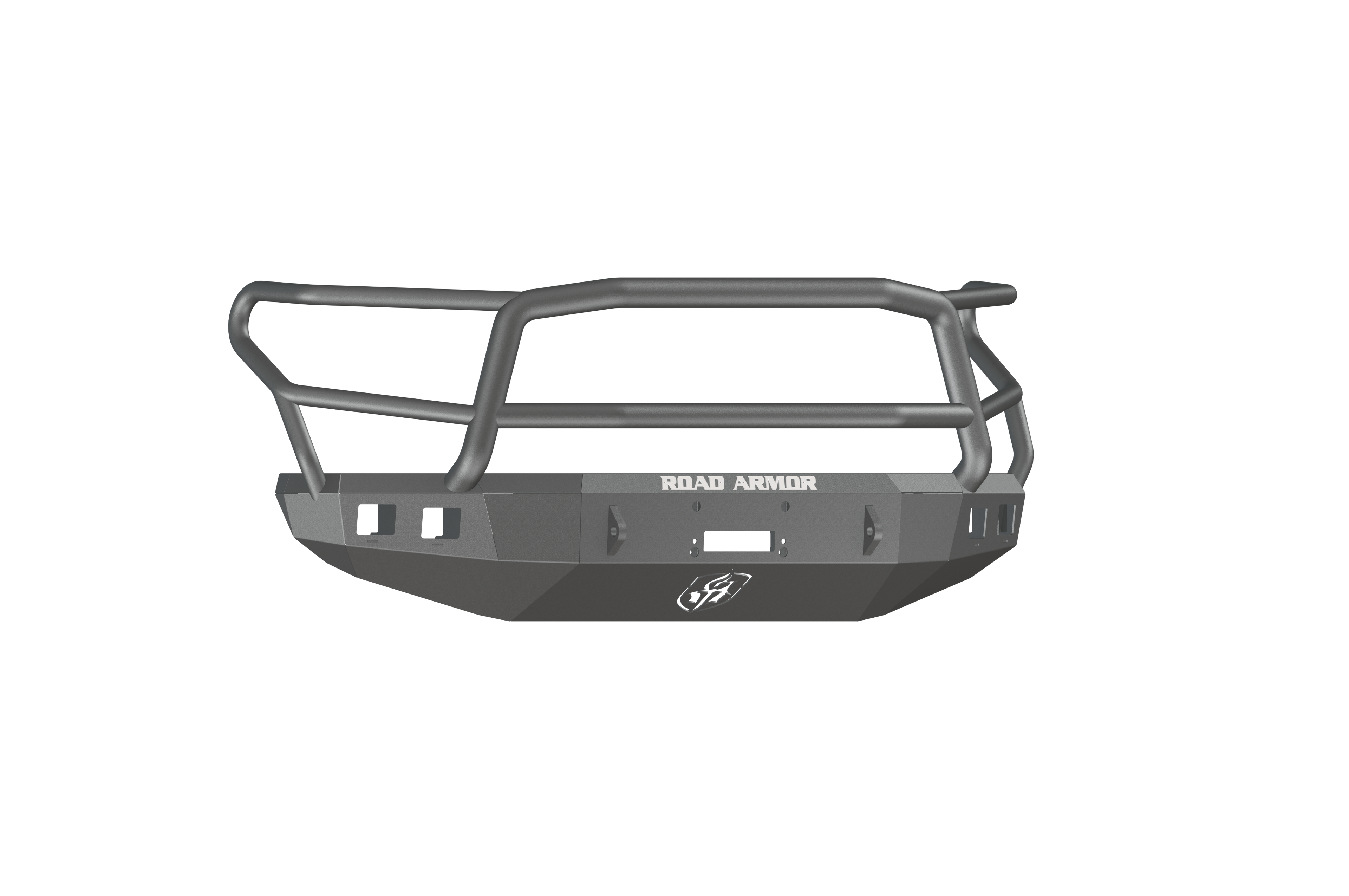The 2014-2021 Toyota Tundra Stealth Front Winch Bumper Lonestar Guard in texture black is shown from the front, featuring angular contours, mounting points, a central ROAD ARMOR label, and a circular logo on the lower section.
