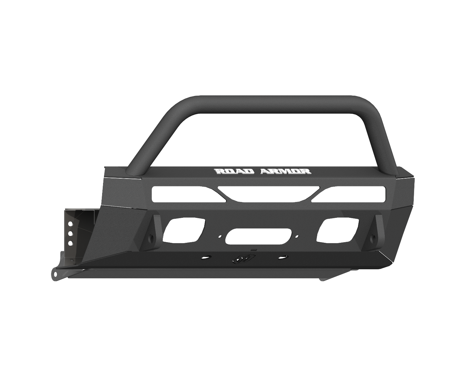 A matte black 2014+ Toyota 4Runner Stealth Front Low Profile Hidden Winch Bumper features an angular design, 30 single row light access, grille guard, ROAD ARMOR text on top, and airflow/light cutouts. Fits Warn Vr Evo & Smittybilt Xrc winches.