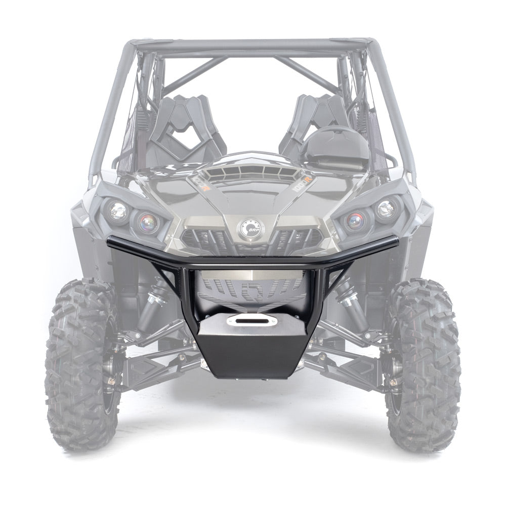 The Can Am Commander HMF Defender Front HD Deluxe Bumper (Black, 2011-2020) is shown mounted on a gray off-road utility vehicle, featuring a tubular frame, centered winch plate, skid plate, and heavy-duty construction for extra protection.