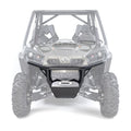 The Can Am Commander HMF Defender Front HD Deluxe Bumper (Black, 2011-2020) is shown mounted on a gray off-road utility vehicle, featuring a tubular frame, centered winch plate, skid plate, and heavy-duty construction for extra protection.