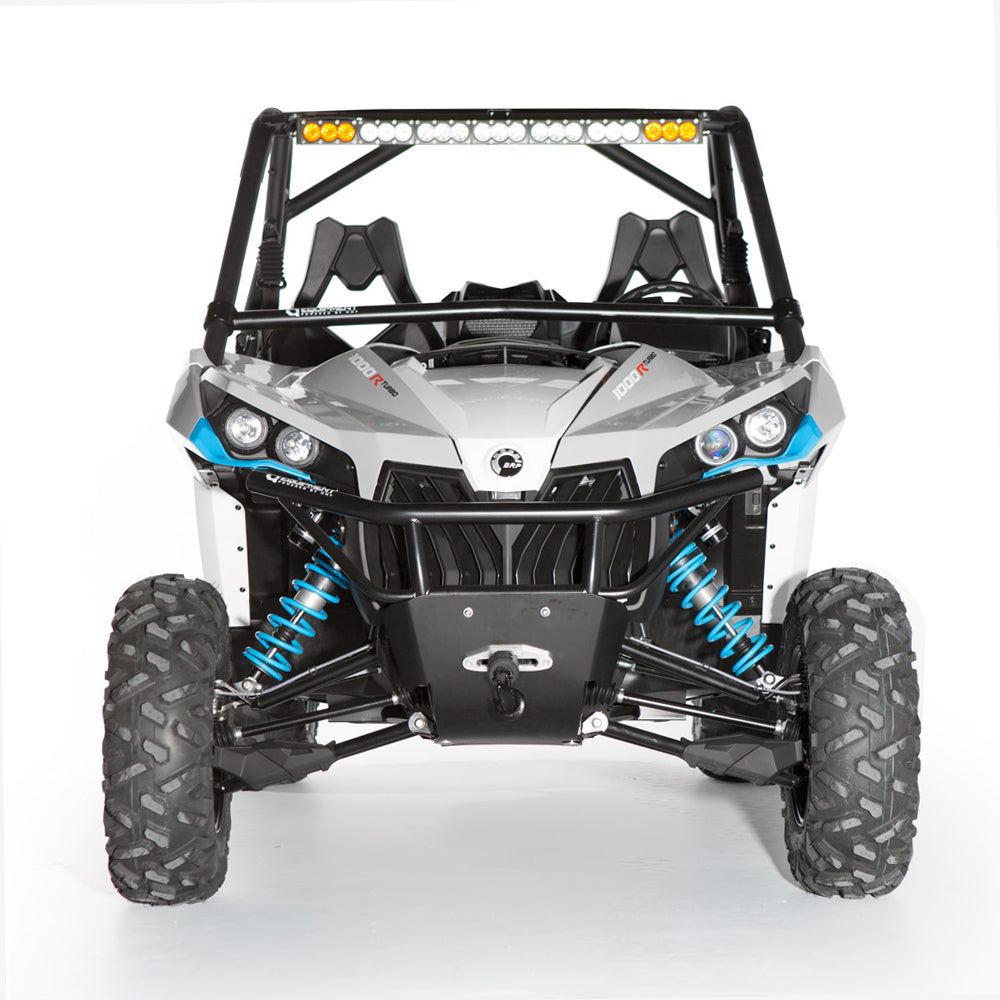 A front view of the Can Am Maverick Xds Turbo Hmf Apex Windshield Bar Low Bar - Black 2015-17, featuring a roll cage, rugged tires, headlights, blue suspension springs, LED light bars, and a silver body with blue and black accents on a white background.