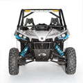A front view of the Can Am Maverick Xds Turbo Hmf Apex Windshield Bar Low Bar - Black 2015-17, featuring a roll cage, rugged tires, headlights, blue suspension springs, LED light bars, and a silver body with blue and black accents on a white background.