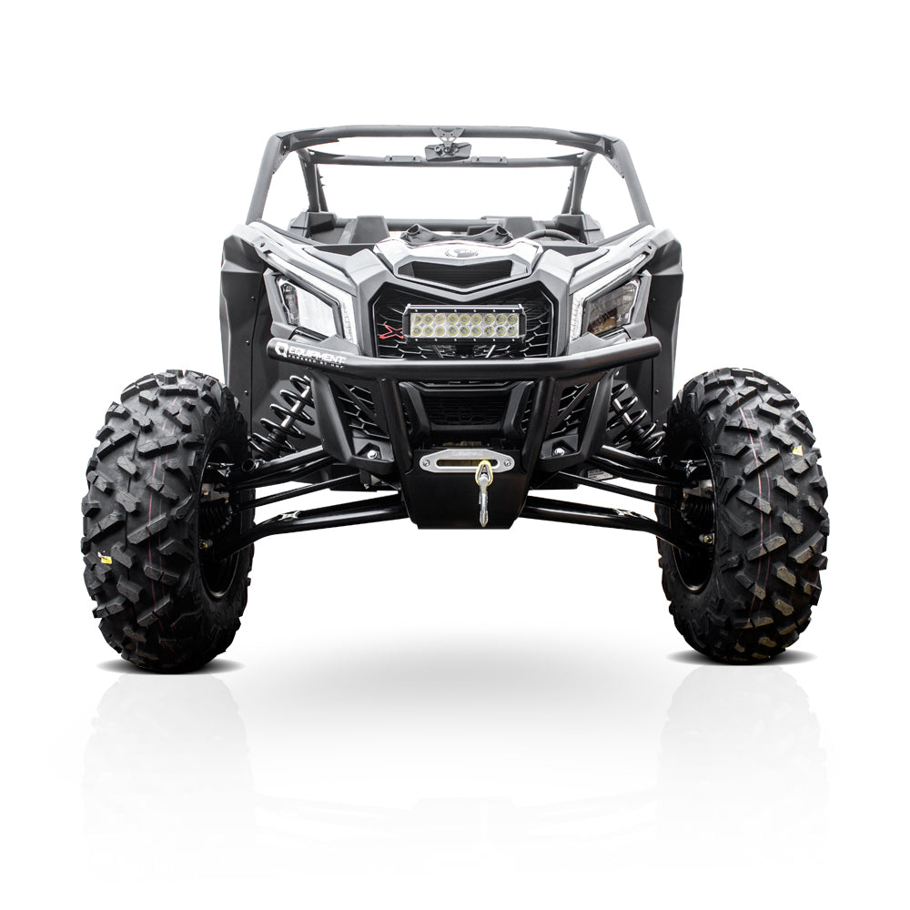 A front view of the Can Am Maverick X3 / Max HMF Front Heavy Duty Bumper (2017+) installed on a black UTV with large rugged tires, LED light bar, and prominent grille, photographed against a white background.