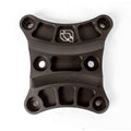 The Can Am Maverick X3 / Max HMF Billet Back Plate Black (2017+) is a black, machined metal plate with four rounded corners, five countersunk holes, and a central logo of stylized geometric shapes, shown on a white background.