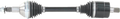 A car CV axle shaft with black rubber boots on both ends, metal joints, and splined ends for connecting to a vehicles transmission and wheel hub. The shaft is straight, with a smooth black center section between the joints.