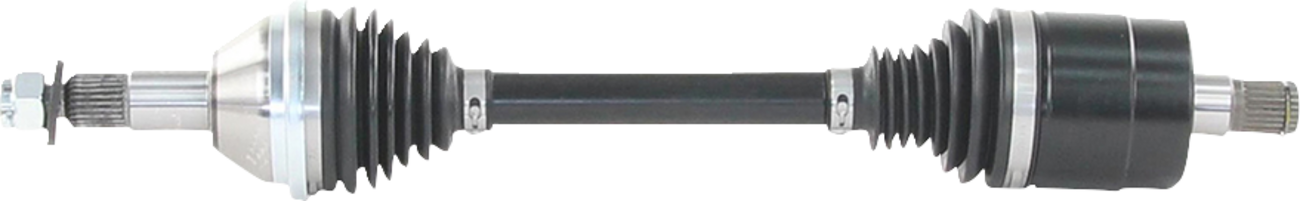 A car CV axle shaft with black rubber boots on both ends, metal joints, and splined ends for connecting to a vehicles transmission and wheel hub. The shaft is straight, with a smooth black center section between the joints.