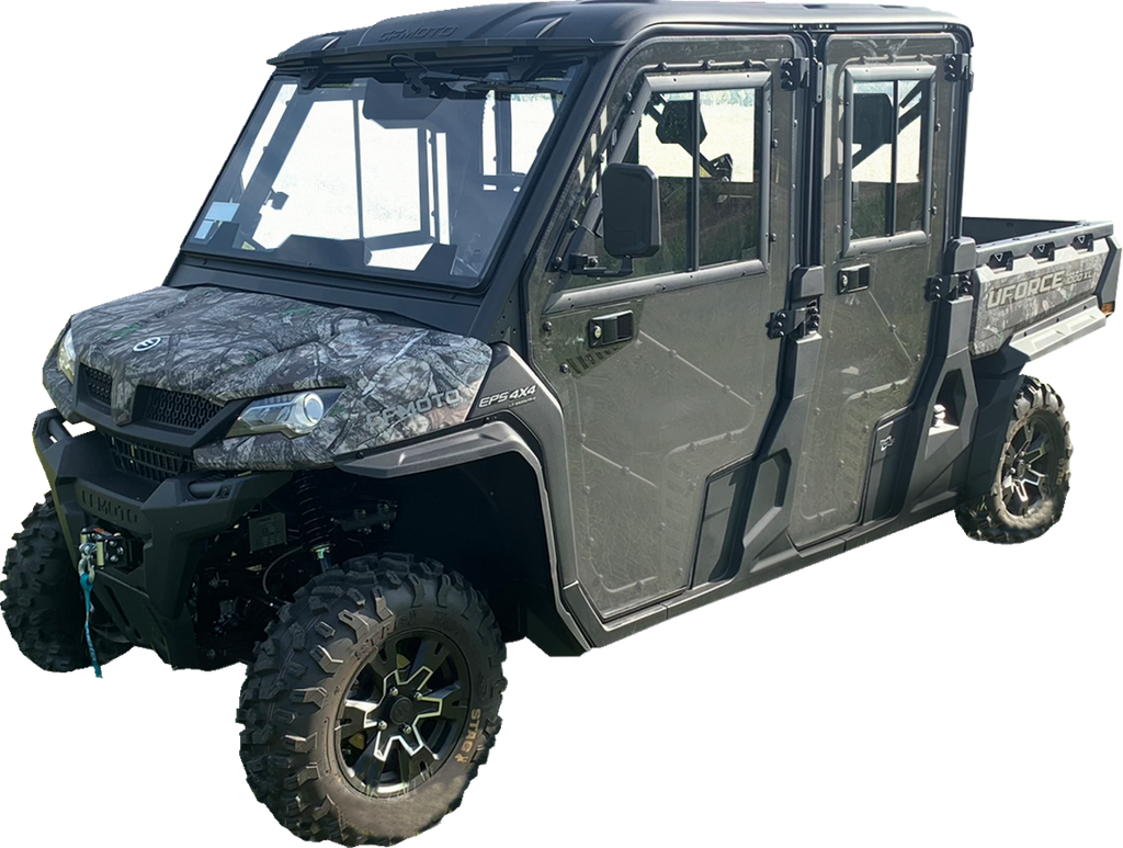 A dark green, rugged side-by-side UTV with four doors, large off-road tires, a winch on the front bumper, and a utility bed in the rear. The vehicle has a hard roof, side mirrors, and tinted windows, designed for outdoor and utility use.