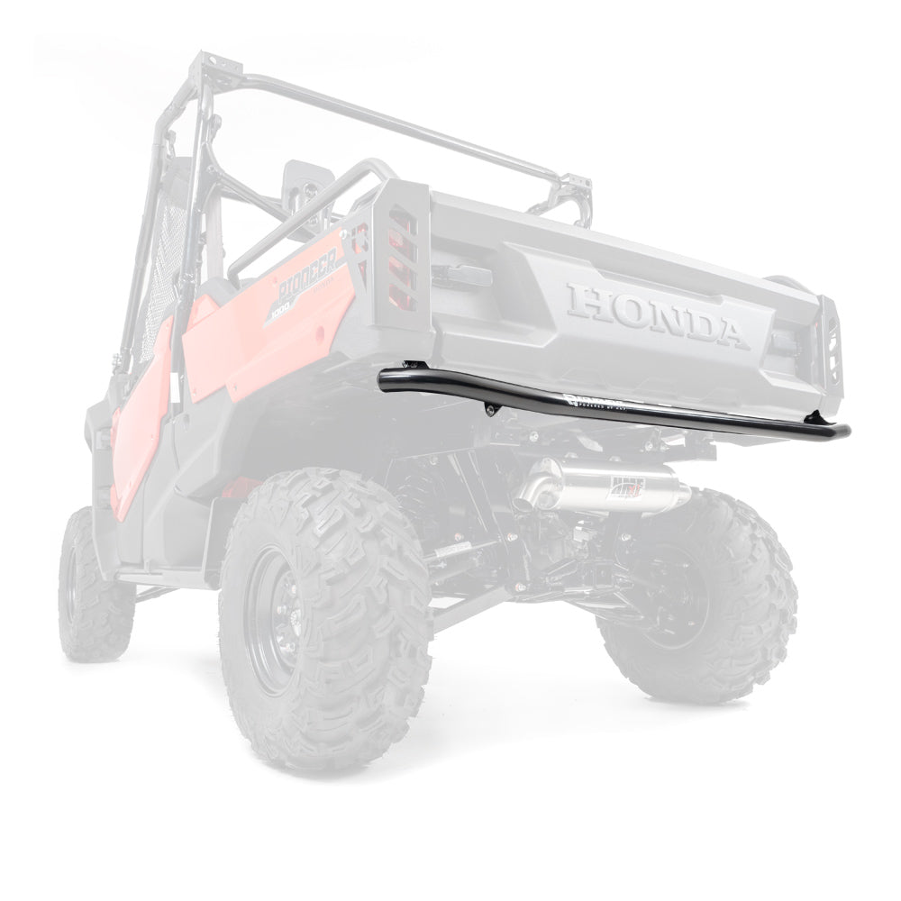 The image shows the Honda Pioneer 1000 HMF Defender Rear Bumper (Black, 2016+) installed, emphasizing its solid, rounded design and sturdy fit at the back of the utility vehicle.