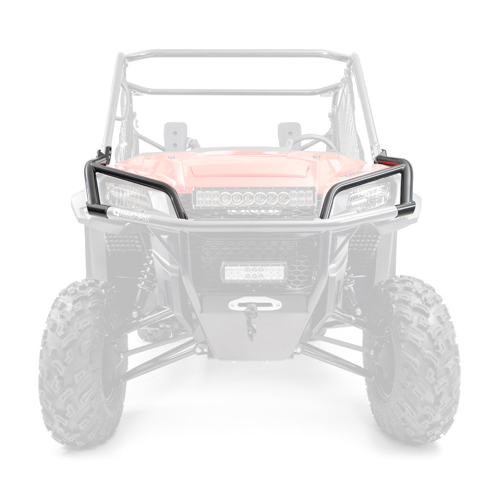 Front view of a Honda Pioneer 1000 (2016+) with black HMF headlight guards highlighted; the rest of the vehicle is faded, emphasizing the black headlight guards as the main feature.