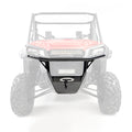 Front view of a Honda Pioneer 1000 with a black HMF Defender Front Heavy Duty Bumper (2016+), featuring mesh panels and tow hook, attached to its red front end. The background and the rest of the vehicle are faded to highlight the bumper.