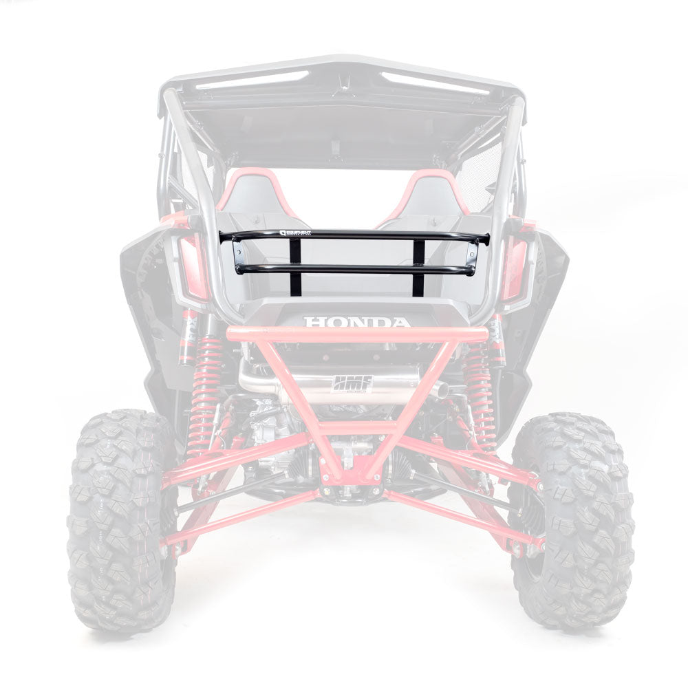 The Honda Talon 1000R/X HMF Cargo Rack (2019+) is prominently displayed and centered in the image, with the rest of the vehicle faded in the background to emphasize the rack’s design and placement.