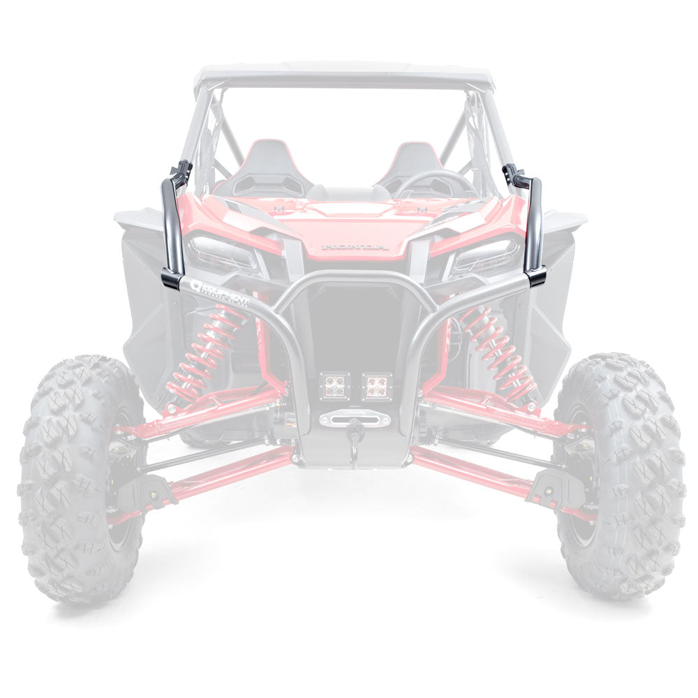 A Honda Talon 1000R/X (2019+) is shown front-facing, mostly faded except for two black HMF Exo Bars mounted vertically on each side of the hood, highlighting their placement and design above the front suspension.