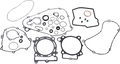 An assortment of black rubber gaskets and O-rings of various shapes and sizes, along with four small cylindrical metal parts with green centers and a copper ring, all arranged on a plain white background.