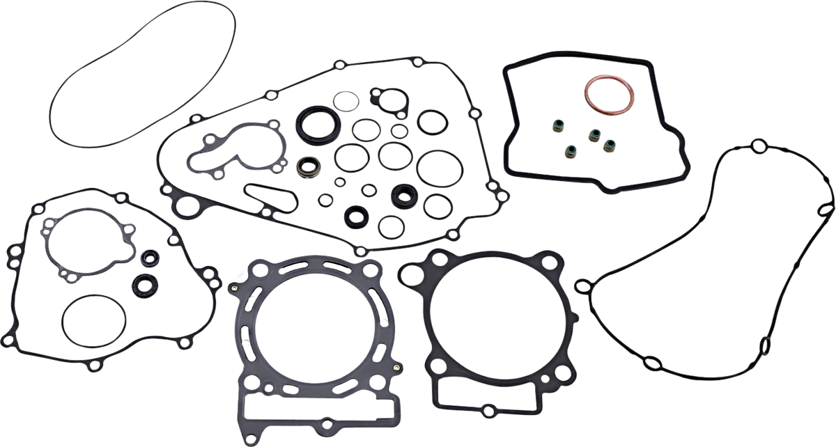 An assortment of black rubber gaskets and O-rings of various shapes and sizes, along with four small cylindrical metal parts with green centers and a copper ring, all arranged on a plain white background.