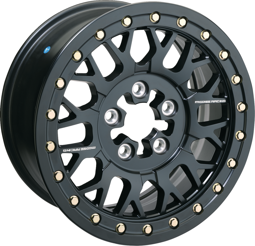 A black alloy car wheel with a multi-spoke design and gold bolts around the rim. The wheel has a glossy finish and features the MOGE Racing logo on two of the spokes. The image shows the wheel on a white background.
