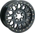 A black alloy car wheel with a multi-spoke design and gold bolts around the rim. The wheel has a glossy finish and features the MOGE Racing logo on two of the spokes. The image shows the wheel on a white background.