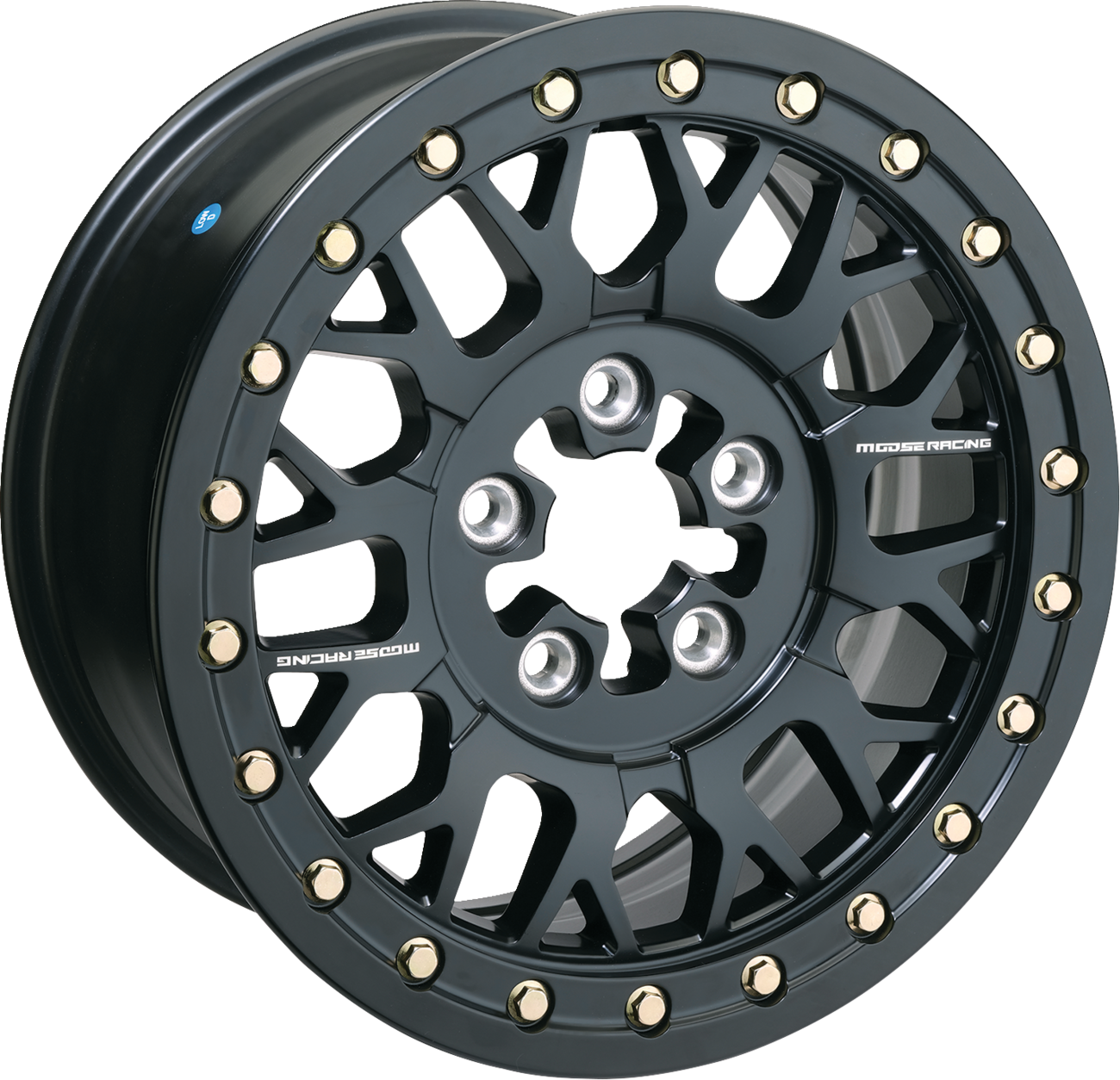 A black alloy car wheel with a multi-spoke design and gold bolts around the rim. The wheel has a glossy finish and features the MOGE Racing logo on two of the spokes. The image shows the wheel on a white background.