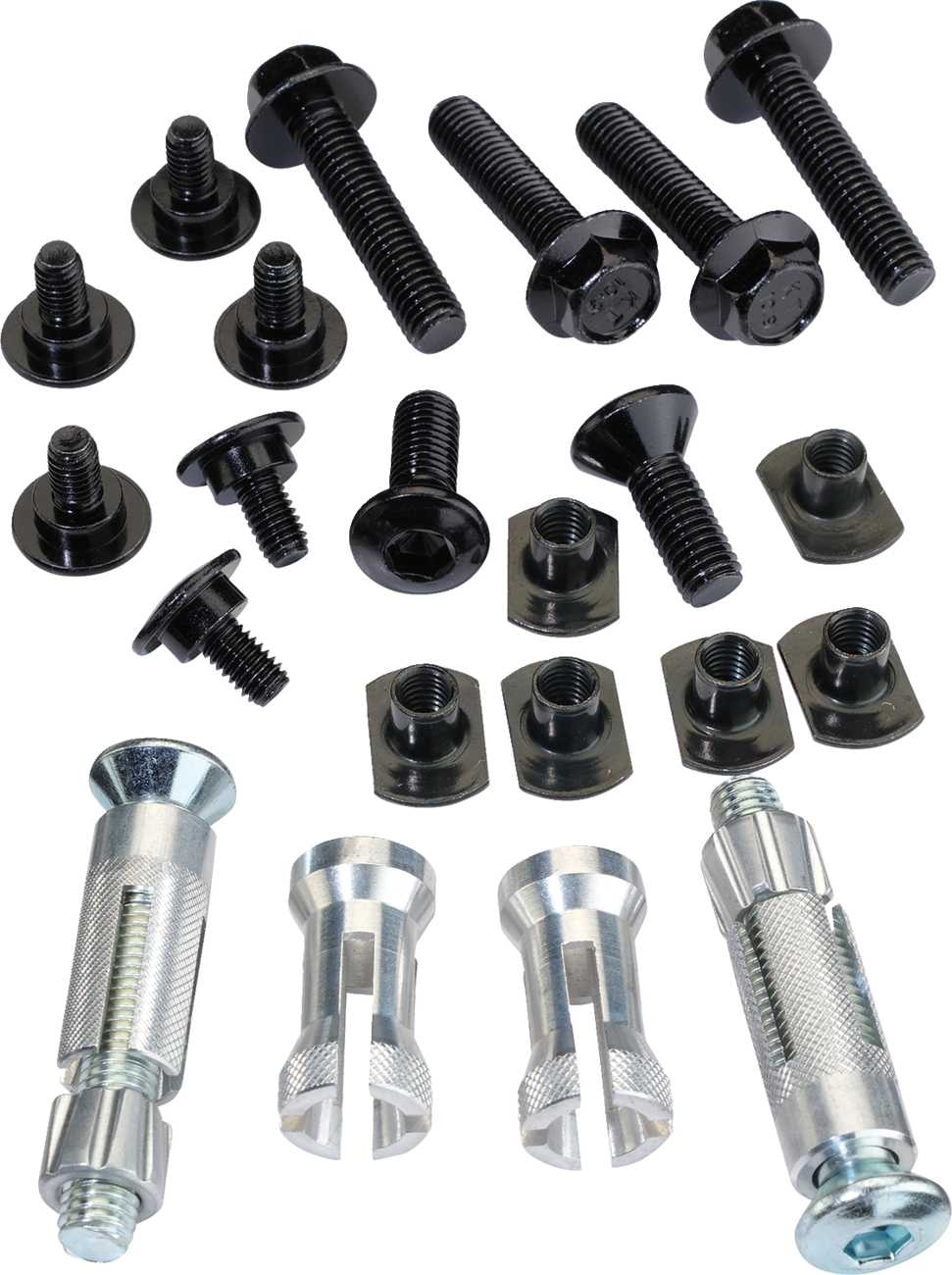 A set of assorted fasteners on a white background, including black bolts, screws, washers, square nuts, and four metallic wall anchors with grooves. The fasteners are neatly arranged in rows, showing their different shapes and sizes.