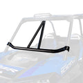 A black HMF Apex Windshield Bar, designed for 2014-18 Polaris RZR Turbo/XP1K/S 9/1K, is shown superimposed on a blue side-by-side UTV. It features a horizontal base and angular center support for added front protection.