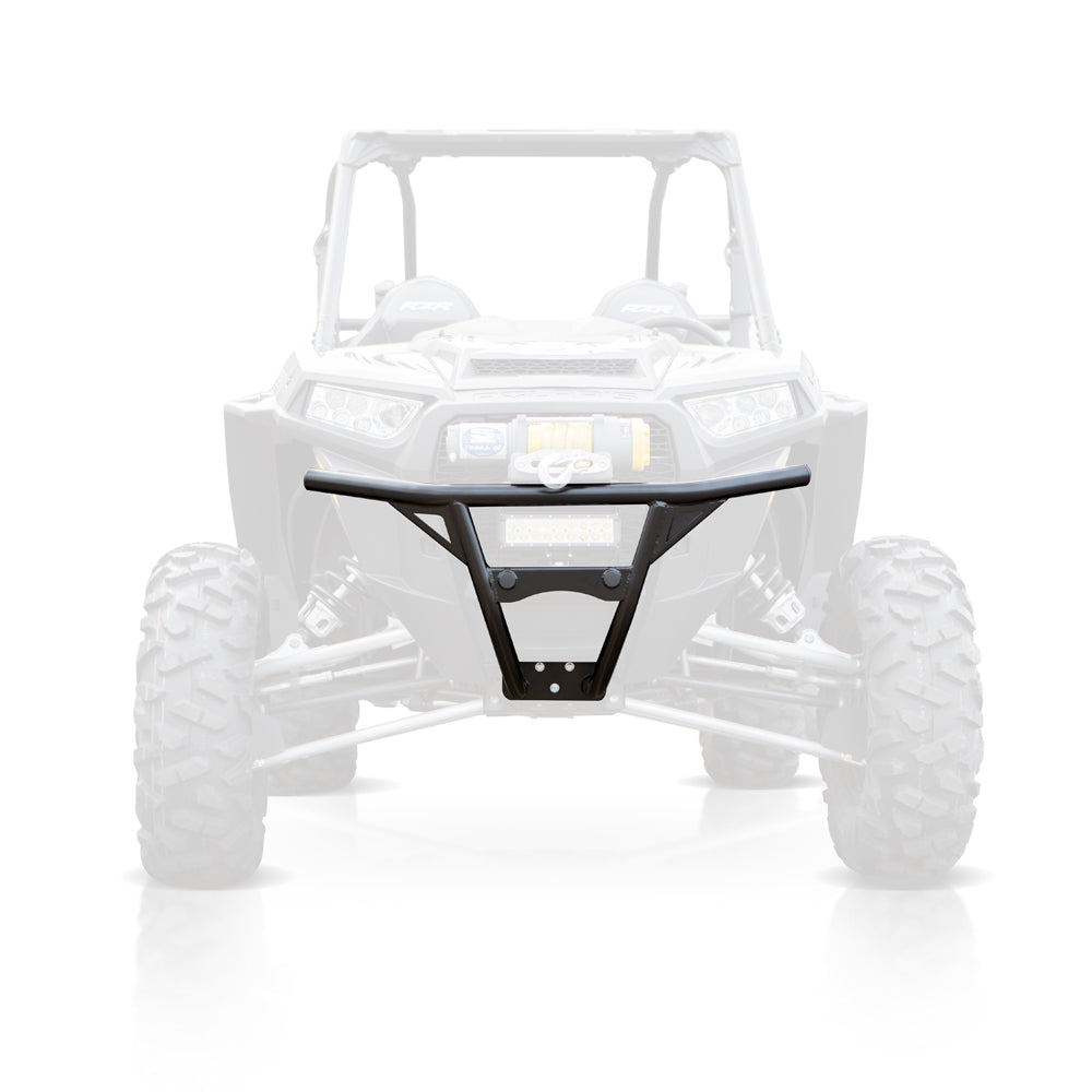 A Polaris Rzr Turbo HMF Defender Front HD Deluxe Bumper (2017-2018) in black is centered up close, its angled bars and mounting points visible, with a transparent UTV silhouette behind to emphasize the bumper’s design and placement.