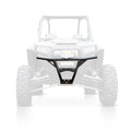 A Polaris Rzr Turbo HMF Defender Front HD Deluxe Bumper (2017-2018) in black is centered up close, its angled bars and mounting points visible, with a transparent UTV silhouette behind to emphasize the bumper’s design and placement.