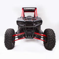 Front view of a Polaris Rzr Rs1 Hmf Defender Front Lt Bumper (2018+), featuring large rugged tires, visible suspension springs, a protective roll cage, and a black frame with red accents, set against a clean white background.