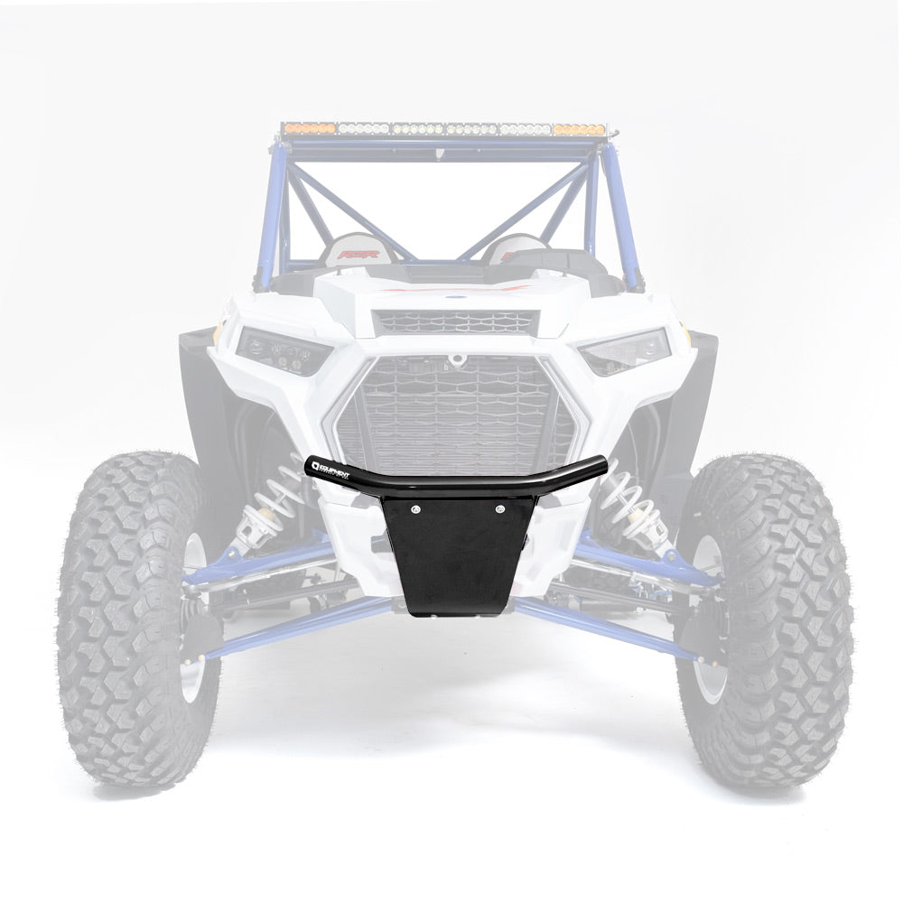 A Polaris Rzr Turbo | S | Xp1K HMF Defender Front LT Bumper (2019+) is installed at the front underside of a faded off-road vehicle, highlighting its placement. Large rugged tires and blue suspension arms are also visible in the head-on view.
