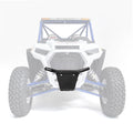 A Polaris Rzr Turbo | S | Xp1K HMF Defender Front LT Bumper (2019+) is installed at the front underside of a faded off-road vehicle, highlighting its placement. Large rugged tires and blue suspension arms are also visible in the head-on view.
