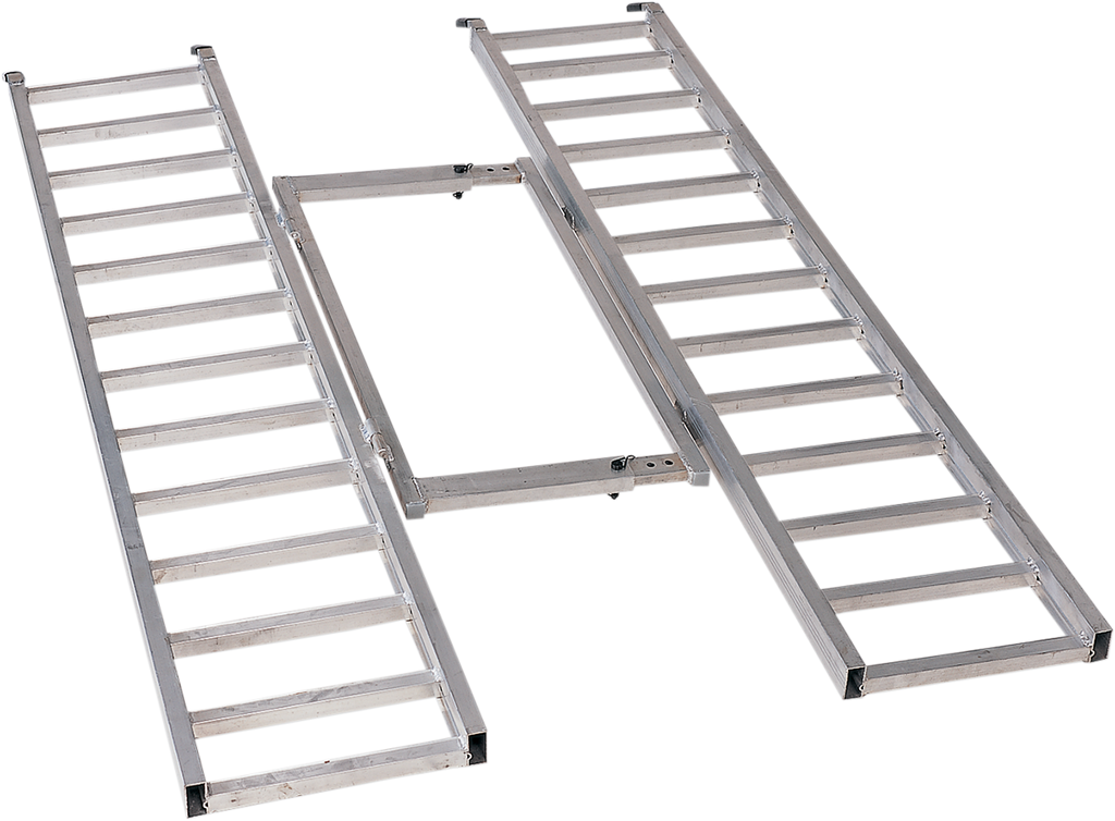 Three metal loading ramps, arranged with two parallel ramps and a connecting horizontal bar between them. The ramps have evenly spaced rungs and are set against a plain white background.