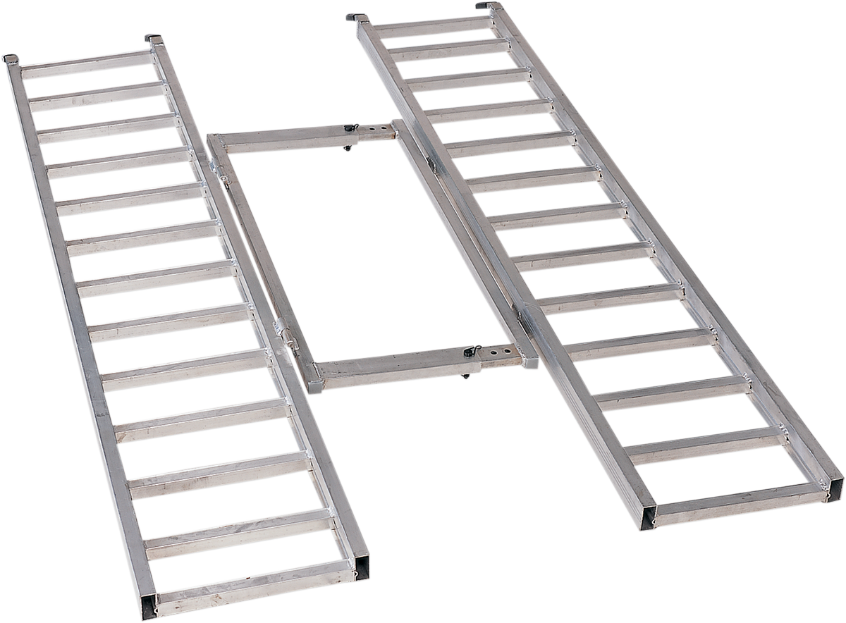 Three metal loading ramps, arranged with two parallel ramps and a connecting horizontal bar between them. The ramps have evenly spaced rungs and are set against a plain white background.