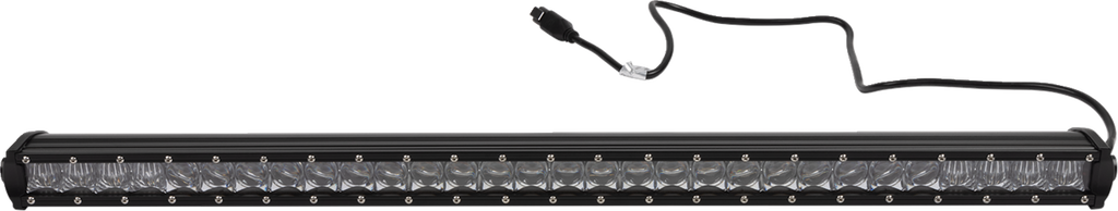 A long, black LED light bar with a row of clear, rectangular lenses, each framed by small screws. A black power cable extends from one end, ending in a connector. The light bar is isolated on a plain, light background.