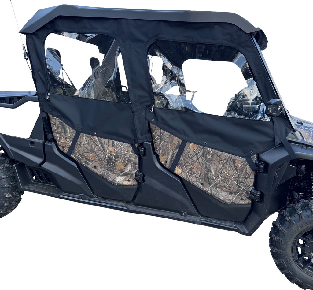 A close-up side view of a rugged off-road vehicle with two doors featuring black fabric and clear plastic windows. The lower half of the doors displays a camouflage pattern. The vehicle has sturdy tires and an angular design, suitable for outdoor terrain.
