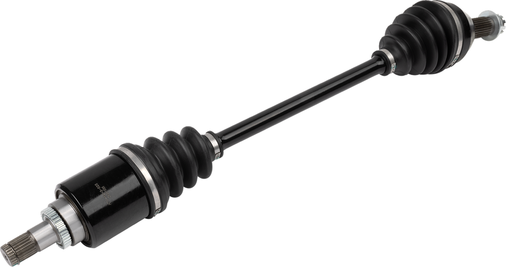 A black automotive CV axle shaft with silver splined ends and rubber boots covering the joints at both ends, displayed on a plain white background. The shaft is cylindrical and connects the two joints, which allow for flexible rotation.