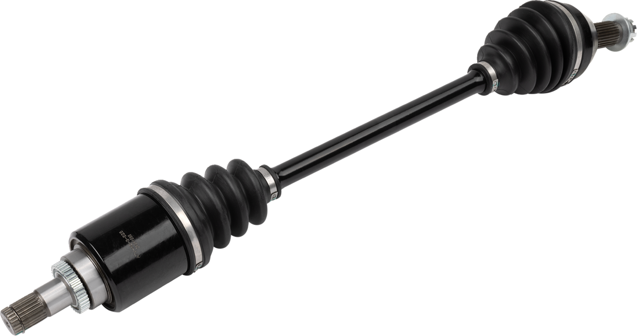 A black automotive CV axle shaft with silver splined ends and rubber boots covering the joints at both ends, displayed on a plain white background. The shaft is cylindrical and connects the two joints, which allow for flexible rotation.