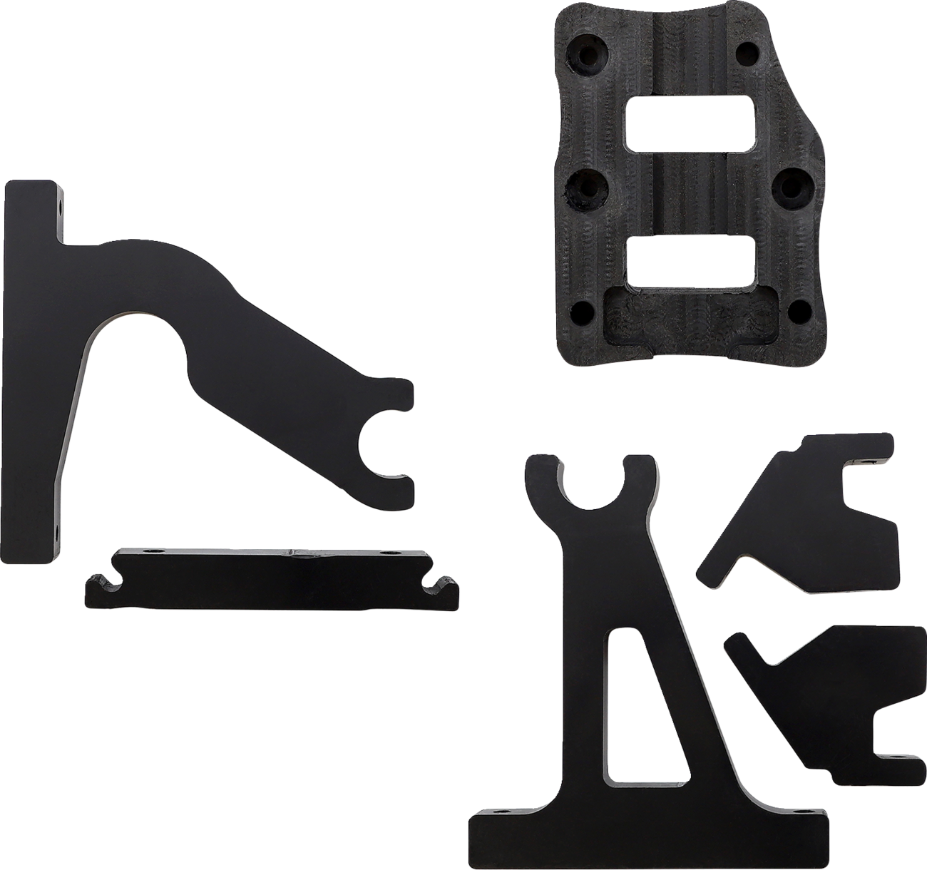 Five black metal or plastic mechanical parts are arranged on a white background. They have various angular shapes and cutouts, including one piece with two rectangular slots and another with a triangular opening and forked end.