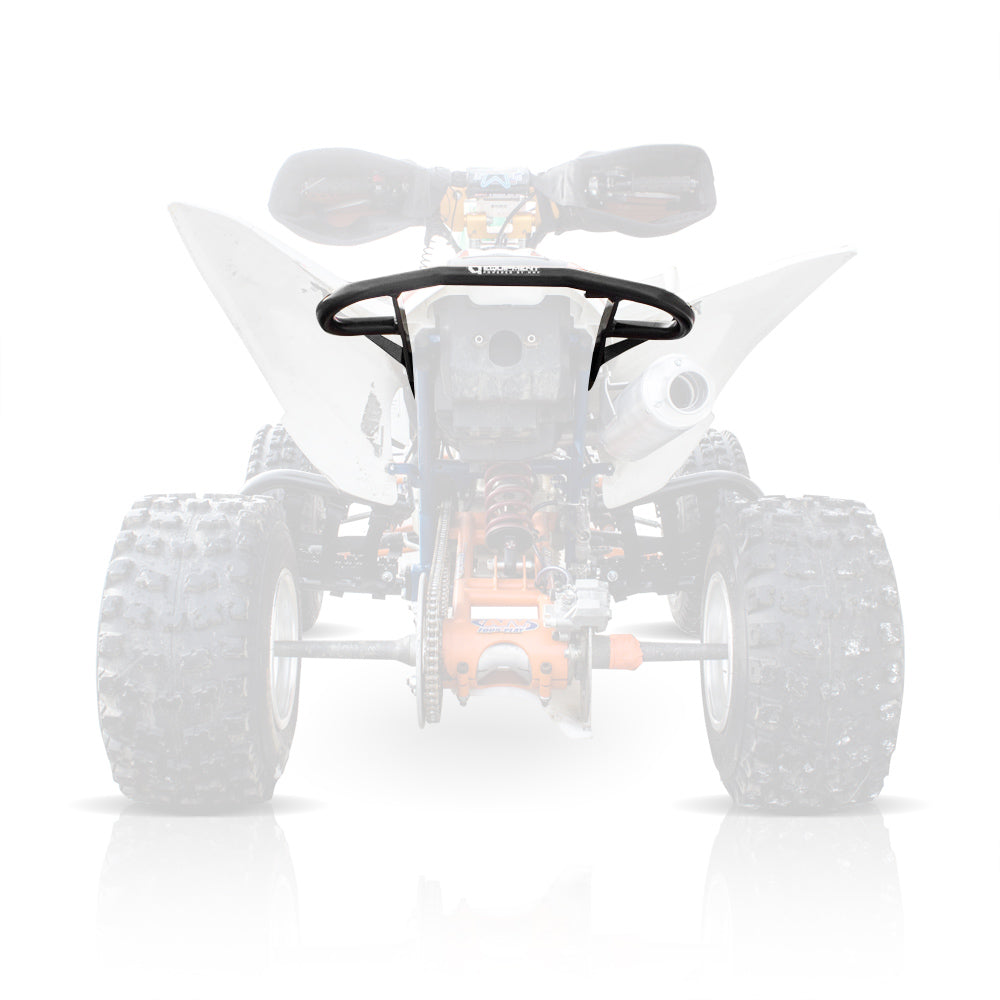 A Yamaha Raptor 125/250 HMF Defender 2008-2013 Rear Grab Bar in black is centered on a white background, with the rest of the ATV faded. The image highlights the grab bar’s curved shape, mounting points, and sturdy design.