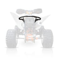 A Yamaha Raptor 125/250 HMF Defender 2008-2013 Rear Grab Bar in black is centered on a white background, with the rest of the ATV faded. The image highlights the grab bar’s curved shape, mounting points, and sturdy design.
