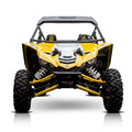 Front view of a Yamaha Yxz 1000R Hmf Apex Windshield Low Bar - Black (2016-18), featuring large rugged tires, exposed suspension, black roof, two seats, and a sporty off-road design. Photographed on a plain white background.