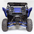 A Yamaha YXZ 1000R with a black HMF Cargo Rack (2019+) seen from the rear, featuring big rugged tires, visible suspension springs, a strong roll cage, and exposed mechanical parts for tough off-road use.