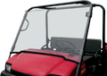 A red utility vehicle with a transparent windshield and a black metal frame. The interior shows a steering wheel and seats. A small sticker with the word MOOSE is visible on the lower windshield. The background is plain and white.