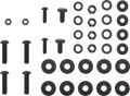 A neatly arranged set of bolts, washers, and nuts of various sizes on a white background. The components are organized in rows and columns, with bolts on the left, washers in the center and bottom rows, and nuts in the top right section.
