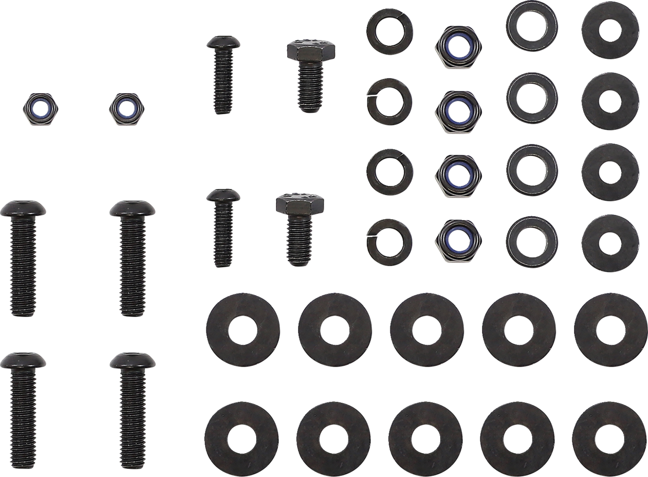 A neatly arranged set of bolts, washers, and nuts of various sizes on a white background. The components are organized in rows and columns, with bolts on the left, washers in the center and bottom rows, and nuts in the top right section.