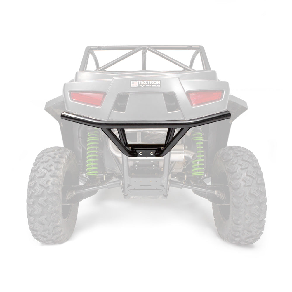 A rugged Arctic Cat Wildcat XX (2018+) is shown from the rear, mostly faded out. The focus is on an HMF Defender Rear Bumper with angled side supports mounted on the back. Textron Off Road branding appears above the bumper.