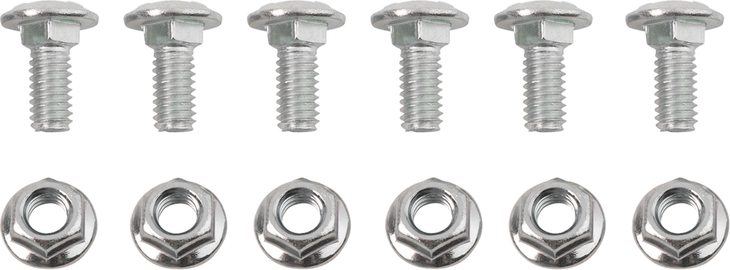 Eight silver bolts with washers are arranged in a row above eight matching hex nuts, all placed against a plain white background. The bolts are oriented upright with visible threads, while the nuts are positioned below each corresponding bolt.