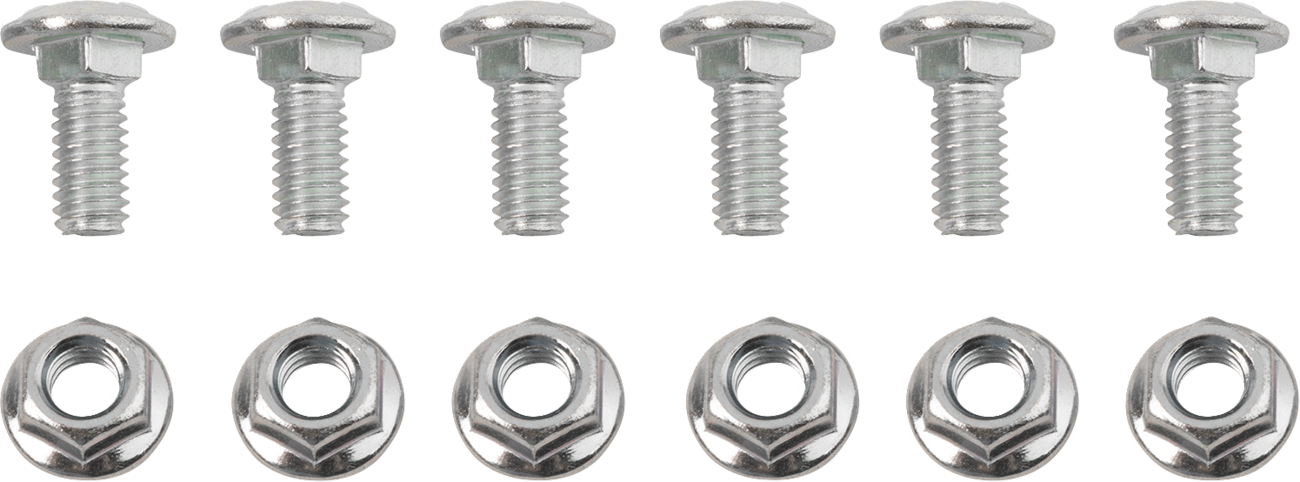 Eight silver bolts with washers are arranged in a row above eight matching hex nuts, all placed against a plain white background. The bolts are oriented upright with visible threads, while the nuts are positioned below each corresponding bolt.