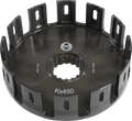 A metallic, circular motorcycle clutch basket labeled KX450 with multiple rectangular slots along the rim. The inner section has a splined center hole and engraved numbers. The part is dark gray with a matte finish, viewed against a white background.
