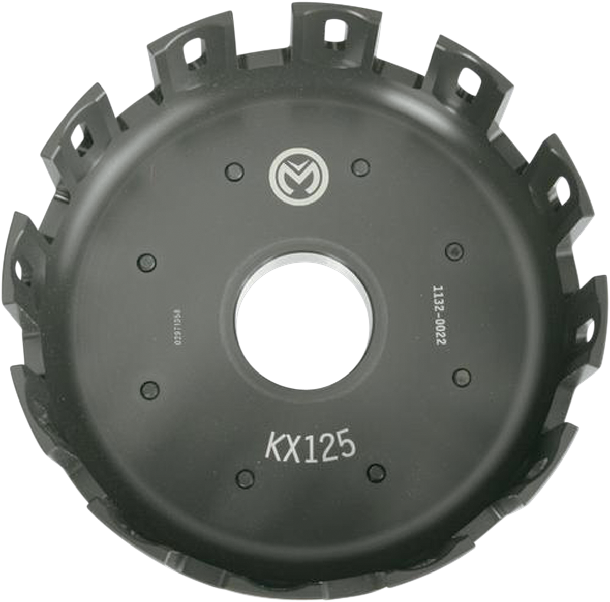 A black metal motocross clutch basket labeled KX125 with circular vents and grooves around the edge, a large central hole, and white manufacturer markings. The basket is used in the engine of a Kawasaki KX125 motorcycle.