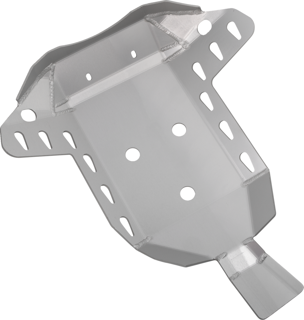 A silver, metal skid plate with multiple cutouts and holes, angled edges, and reinforced welded seams. The plate is designed for vehicle undercarriage protection, with slots for mounting and airflow, shown against a white background.